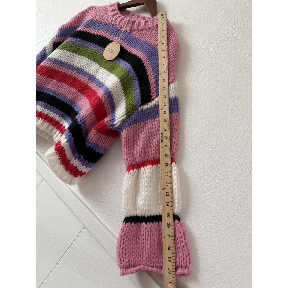 BiBi Sweater M Chunky Knit Striped Bell Sleeve Crop Pullover Colorful Boho NWT - Picture 6 of 9